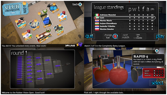 Screenshots from Career mode showing: tournament trees, league tables, a binder and the bat selector.